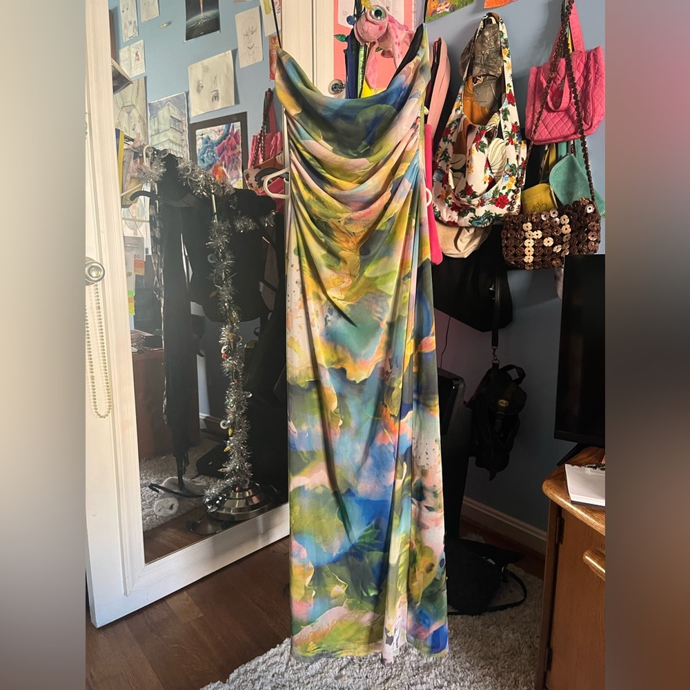 Zara Watercolor print strapless midi dress.